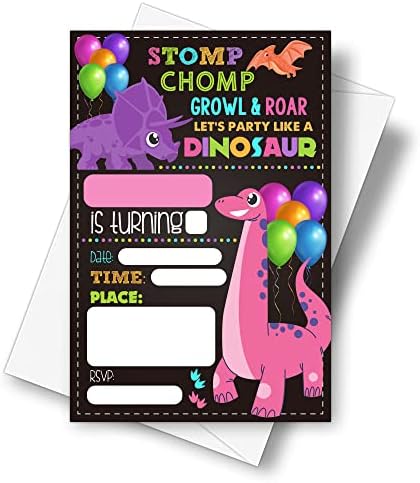 Покани, Картички за рожден ден в стил Динозавър DETIHO 4 x 6 с конвертами - Нека се Позабавляваме като Динозавър - Покана за парти с черната дъска, за момичета-Динозаври - 20 групи - E27