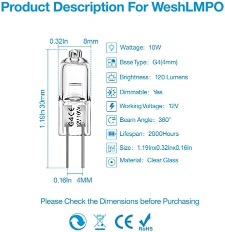 Лампа WeshLMPO G4, Халогенни лампи капацитет от 12 На 10 W, 2 контакт, Замяна на крушки G4 за осветление под тялото, Полилеи, акцентных тела, дорожечного осветление (12 бр.)