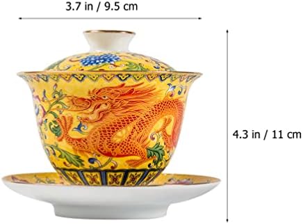 Эмалированная Чаена чаша кунг фу: 1 Набор от Традиционната китайска Чаена чаши от Гайваньского порцелан Sancai с Капак и блюдцем, Рисувана Порцеланова Чаена чаша с Жълт Дракон