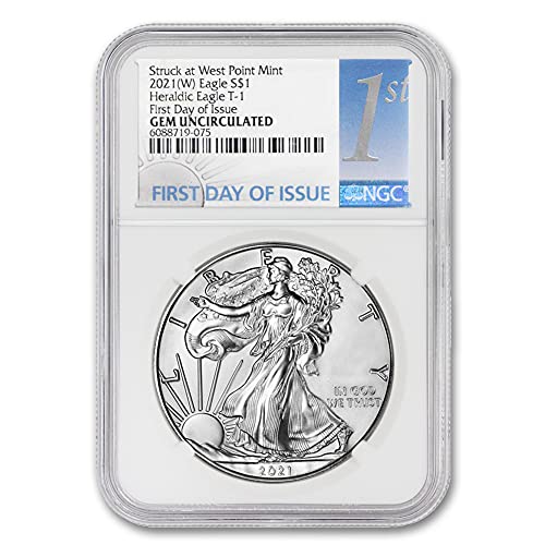 2021 (W) 1 унция на американския сребро, скъпоценни камъни Орел в необращенном формата (Хералдически орел T-1 - Първият ден на издаване - отчеканен в Уест Пойнт) от CoinFolio за $ 1 GEMUNC NGC
