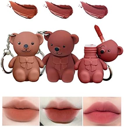 YAOBFUL Ключодържател за устни Bear Lipsticks - 2 в 1 Ключодържател Bear Lipstick Mist Matte Кадифе червило Водоустойчив, Устойчив Блясък за устни Сладко Bear Beauty Makeup (комбинация от 6 цвята)