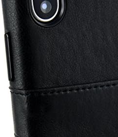Чанта-портфейл Dockem Exec за iPhone X / XS: Тънък ретро калъф от изкуствена кожа с 2 отделения за кредитни карти / удостоверения за самоличност, проста професионална капачка за бутон [Черен]