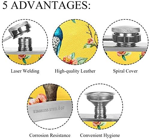 Фляжка за Алкохол от Неръждаема Стомана Запечатани с Фуния, Кожен калъф, 8 грама, за употреба на Алкохол, Уиски, Ром и Водка за Мъже, Фляжка от Неръждаема Стомана, Цъфтеж Череша с Павлином