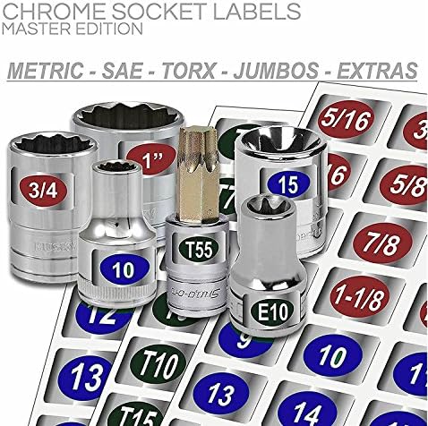 Майстор-набор от механици Economy Edition (синьо) Набор от етикети от хромирана фолио от 180 теми за комплекти ключове на 1/4, 3/8, 1/2 Устройства, Torx, Джъмбо и допълнителни размери, маркиране на 180 контакти Бързо