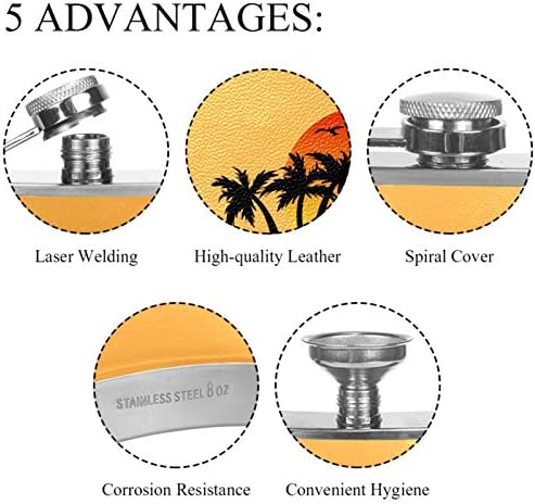 Фляжка за Алкохол от Неръждаема Стомана Запечатани с Фуния 7,7 унция в Кожа Джоба една Чудесна Идея за подарък Фляжка - Sunset Palm Trees