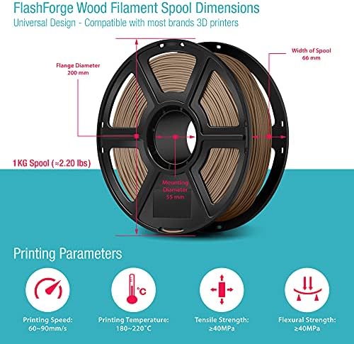 Конци за 3D-принтер FLASHFORGE Wood, 1,75 мм (светло дърво), бобини с тегло 1 кг (2,2 кг), гарантирано прясна, точност +/- 0,02 мм, не спутывается, подходящ за повечето FDM-принтери [Без риск]