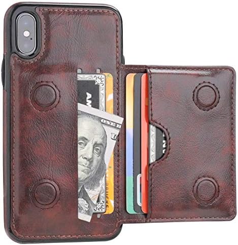 Чанта-портфейл KIHUWEY за iPhone Xs, една чанта-портфейл за iPhone X, Държач за Кредитни карти, Кожена Поставка Премиум-клас, Здрав устойчив на удари Защитен Калъф за iPhone X /Xs 5,8 инча (кафяв)