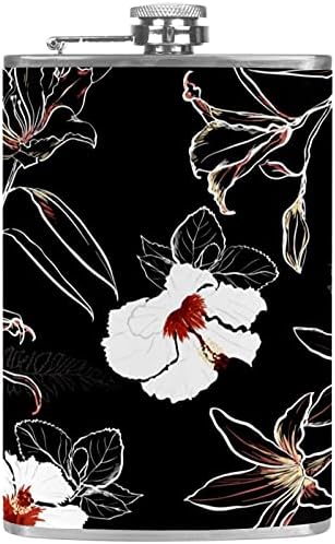 Бяла лилия, боядисани ръчно, на черен фон, определени фляжек и фуния от неръждаема стомана с обем 8 грама, идеална фляжка, която се побира в джобовете на якета и панталони