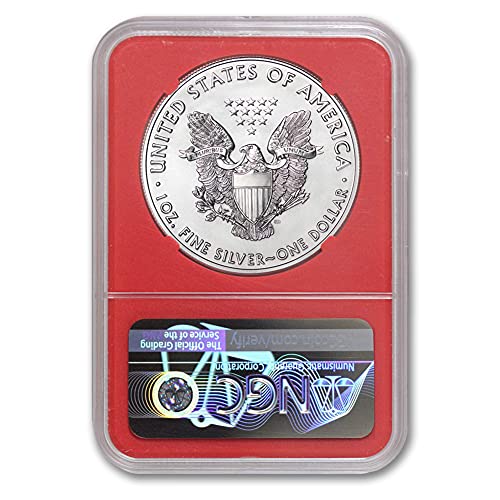 2021 (W) 1 унция на американския скъпоценен камък Silver Eagle в необращенном формата (Хералдически орел T-1 - Първият ден на издаване - Нанесен в Уест Пойнт - Компания Red Core) от CoinFolio за $ 1 GEMUNC NGC