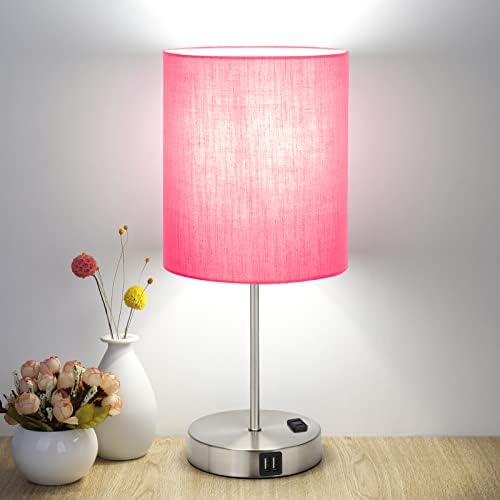 Настолна Лампа SHINE HAI Pink със сензорен контрол, 3-Лентов Нощна лампа с регулируема яркост, 2 USB порта и жак за ac адаптер, Нощна лампа за спални Всекидневна, Модерна Офис лампа, Сребърен база, led крушка с мощност