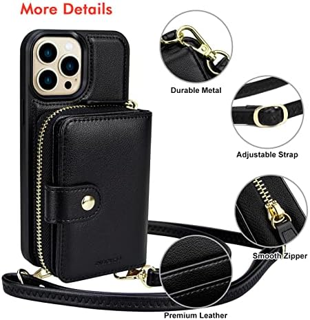 nuoku Разработена за iPhone 14 Pro, една Чанта-портфейл с RFID заключване, Държач за карти Магнитни Подвижна Каишка за съвсем малък Маншет, цип, Женски чантата си през рамо, Съвместима с iPhone 14 Pro (черна)