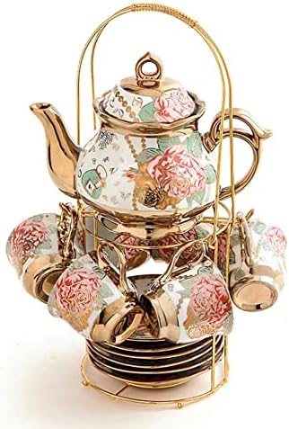 Керамични Чай CHANJOON с Позлатен Червена Роза, Ретро Чай с Кана, Красивият Чаен Сервиз за кафе За 6 Човека (Позлатена Роза)