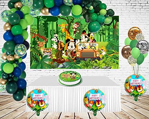 FQFMJDM Зелен Диво Сафари-Фон за парти в чест на рождения Ден на Мики, 5x3 фута, Сафари в Джунглата, Снимка Фон за тематични партита в стила на Мики, Украса за торта, Банер за душата на детето, HM2225E