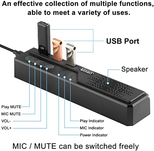 Компютърна колона aireart с микрофон, USB hub, Компютърни тонколони, захранван от USB за отборните срещи и Zoom, както и за онлайн-обучение, Високоговорител конектор за слушал