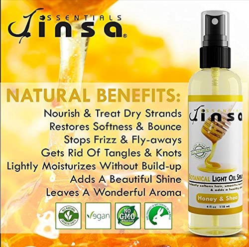Jinsa Essentials | Лек Маслен спрей ботаническата произход | Естествени Растителни съставки | Овлажнява Косата Без натрупване, Придава красив блясък | Оставя прекрасен аромат - 6 унции (Мед Ши)