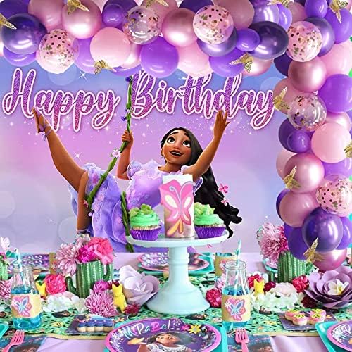 Аксесоари за рожден Ден на Encanto Isabella, Украса за рожден ден Encanto, Комплекти за парти Isabella Encanto Включват Фон Isabella, Венец от балони Isabella и 3D стикери със златни пеперуди