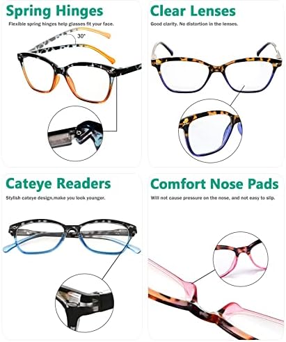 Eyekepper, 5 опаковки очила за четене, дамски очила котешко око, стилни очила за четене в черепаховом стил + 1,50