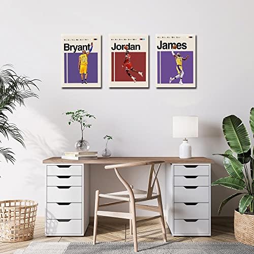 Баскетболни плакати на Майкъл за спални момчета, платно Брайънт, Стенно изкуство и спортен Интериор, Подарък за феновете на баскетбола Джеймс, Вдъхновяващи украса за мъжки стая (3 бр., 12x18 без рамка)