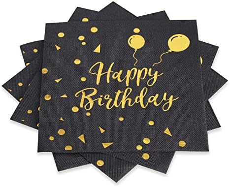 Хартиени Салфетки Apriciti Черен и златист цвят на рожден Ден, на 20 Опаковки Квадратни Салфетки за коктейли с надпис Happy Birthday от златно фолио, идеално подходящи за украса на рождени Дни за деца и възрастни