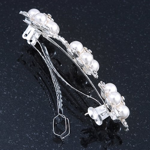 Булчински, абитуриентски сребрист тон с имитация на перли и диаманти на тройната цвете, шнола за коса, дръжка-80 мм в диаметър