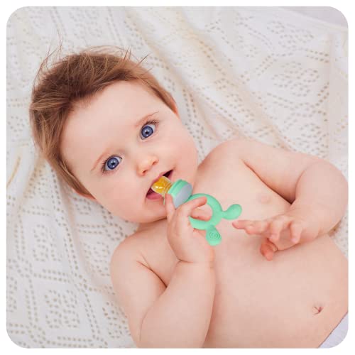 Dummy-ясла за бебе плодов хранене, 2 в 1, А за пресни продукти и играчки за никнене на млечни зъби за дете над 3 месеца, В комплект с 4 броя (2 m + 2 Л), Силиконови торби, не съдържа BPA (зелен)