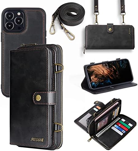Чанта-портфейл за iPhone 13/13 Mini/Pro 13/13 Pro Max, Ретро Кожена чанта за Носене през рамо, Магнитен свалящ-джобен формат 2 в 1 с цип, Поставка, 3 отделения за пари, 13 картодържатели