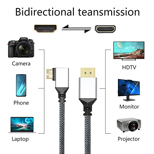 RIIEYOCA 4K Mini HDMI-кабел-адаптер за HDMI, 90 Градуса Под прав ъгъл Mini HDMI Male-HDMI Male Алуминиев кабел с къси найлонови тъкани кабел, поддръжка на 4K UHD, за лаптоп, телевизор, видео камера и т.н. (Кабел: 50